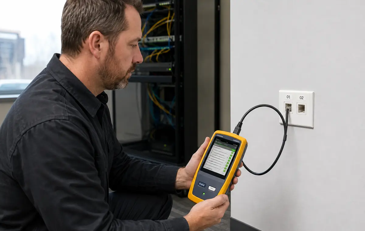 Technicien certifiant une prise RJ45 avec un testeur Fluke DSX