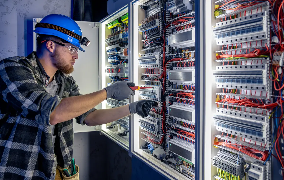 Technicien intervenant dans une armoire électrique professionnelle