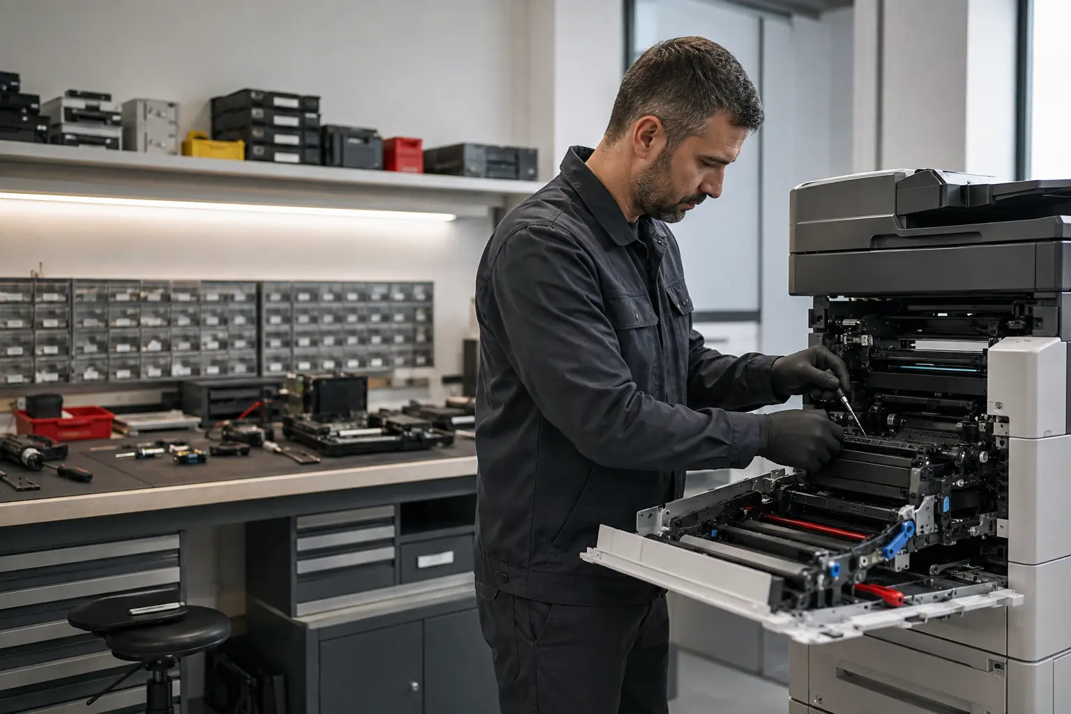 Technicien réparant une imprimante multifonction professionnelle