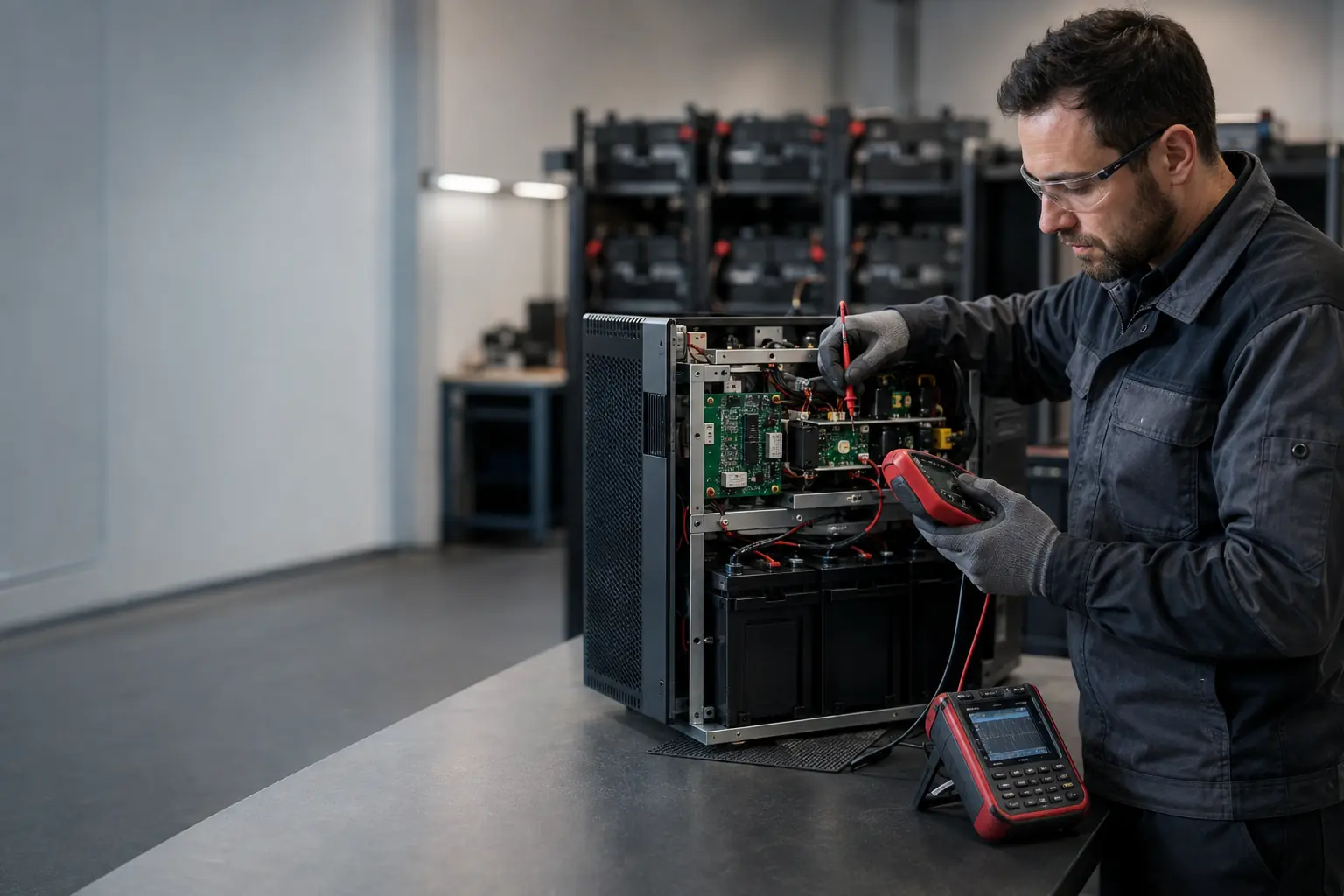 Technicien diagnostiquant un onduleur professionnel en atelier