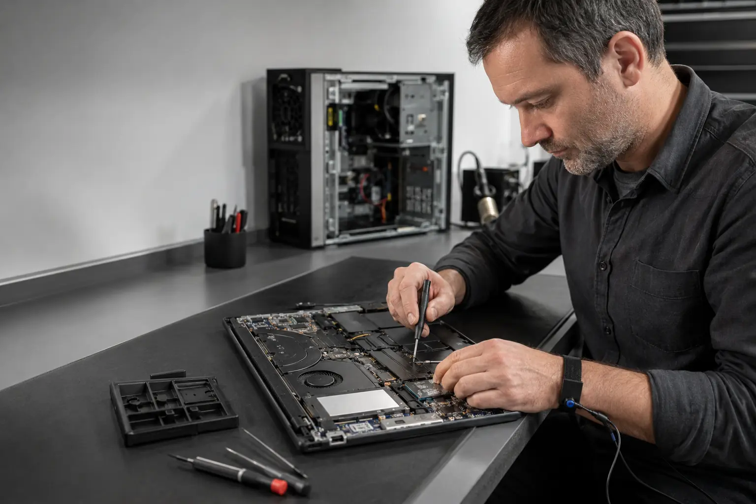 Technicien réparant un ordinateur portable ouvert sur établi