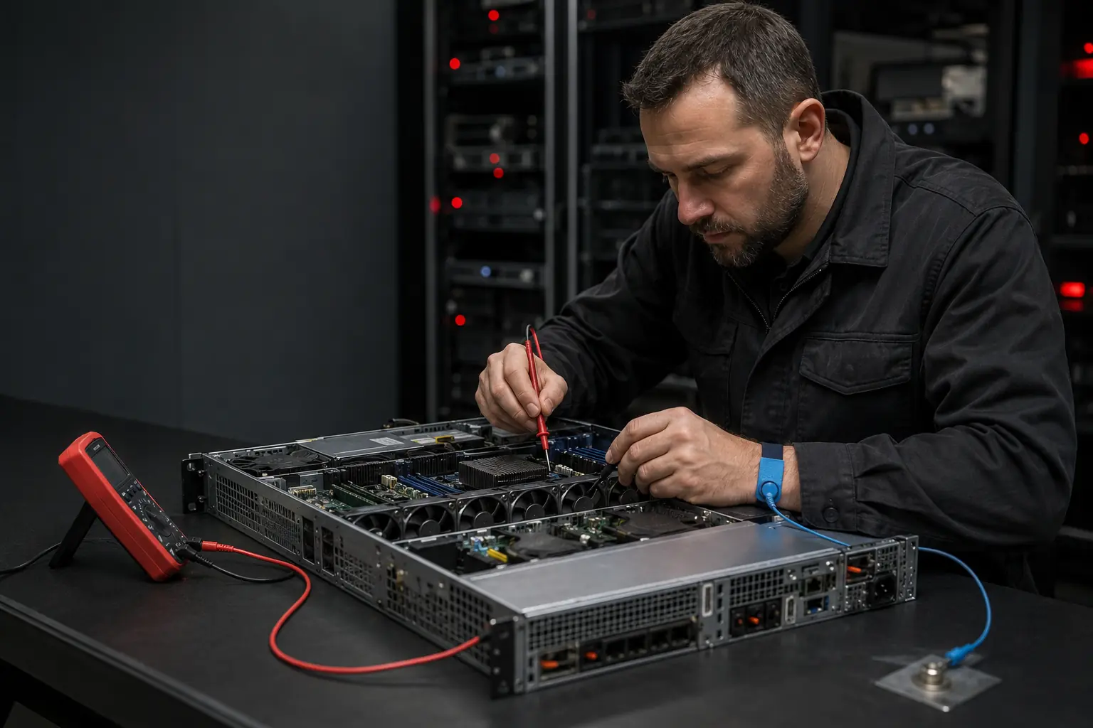 Technicien effectuant une maintenance sur un serveur rack professionnel